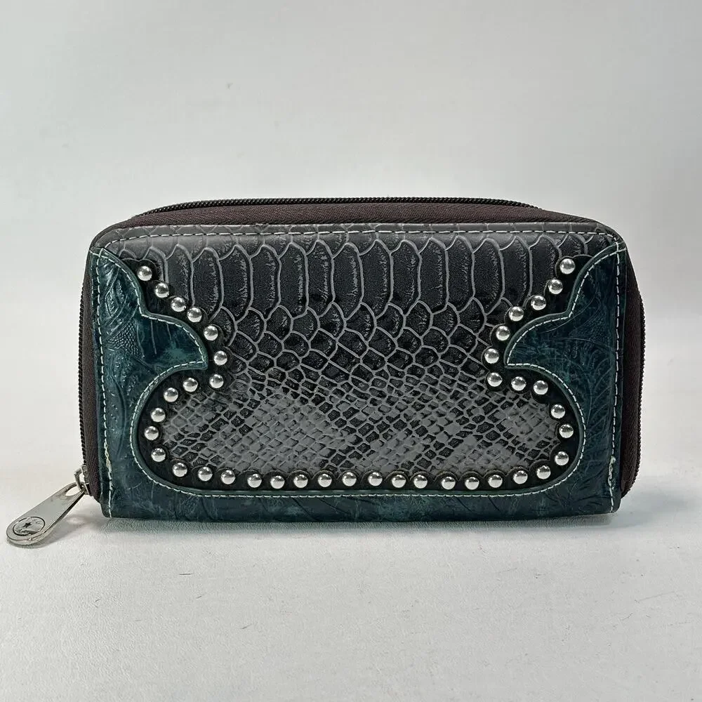 P&G Clutch Wallet Women Gray Teal Faux Croc Embossed Leather Trifold Clutch